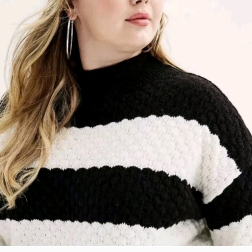 Nine West Mock Neck Black White Striped Pullover Heavy Knit Sweater 3X Cozy